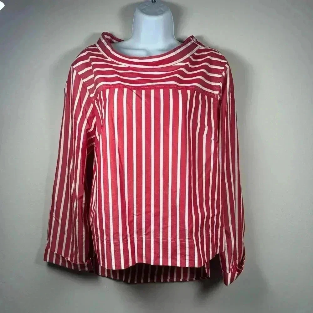J. Crew Women’s 14 Jackie O Collar  Red White Stripe HighLow 100% Cotton